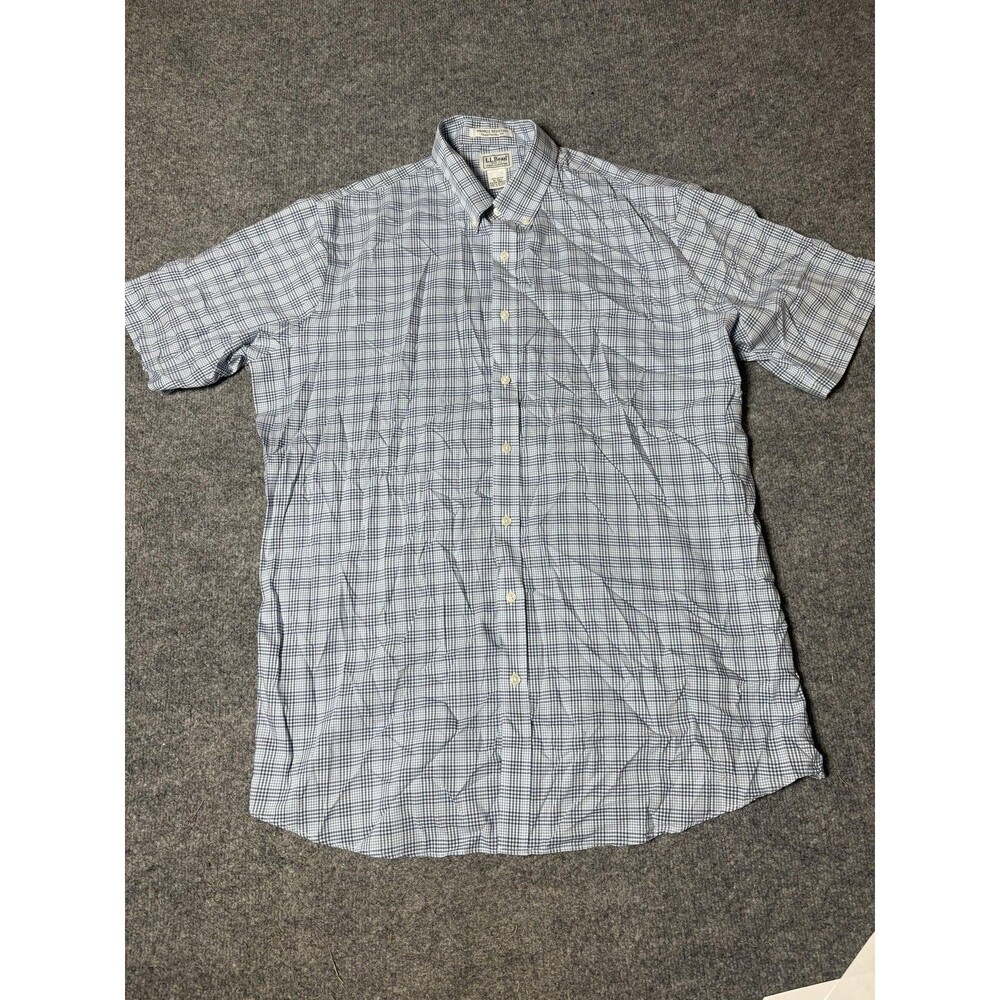 L.L. Bean Shirt Mens XLT Blue Check Short Sleeve Wrinkle Resistant Button-Down